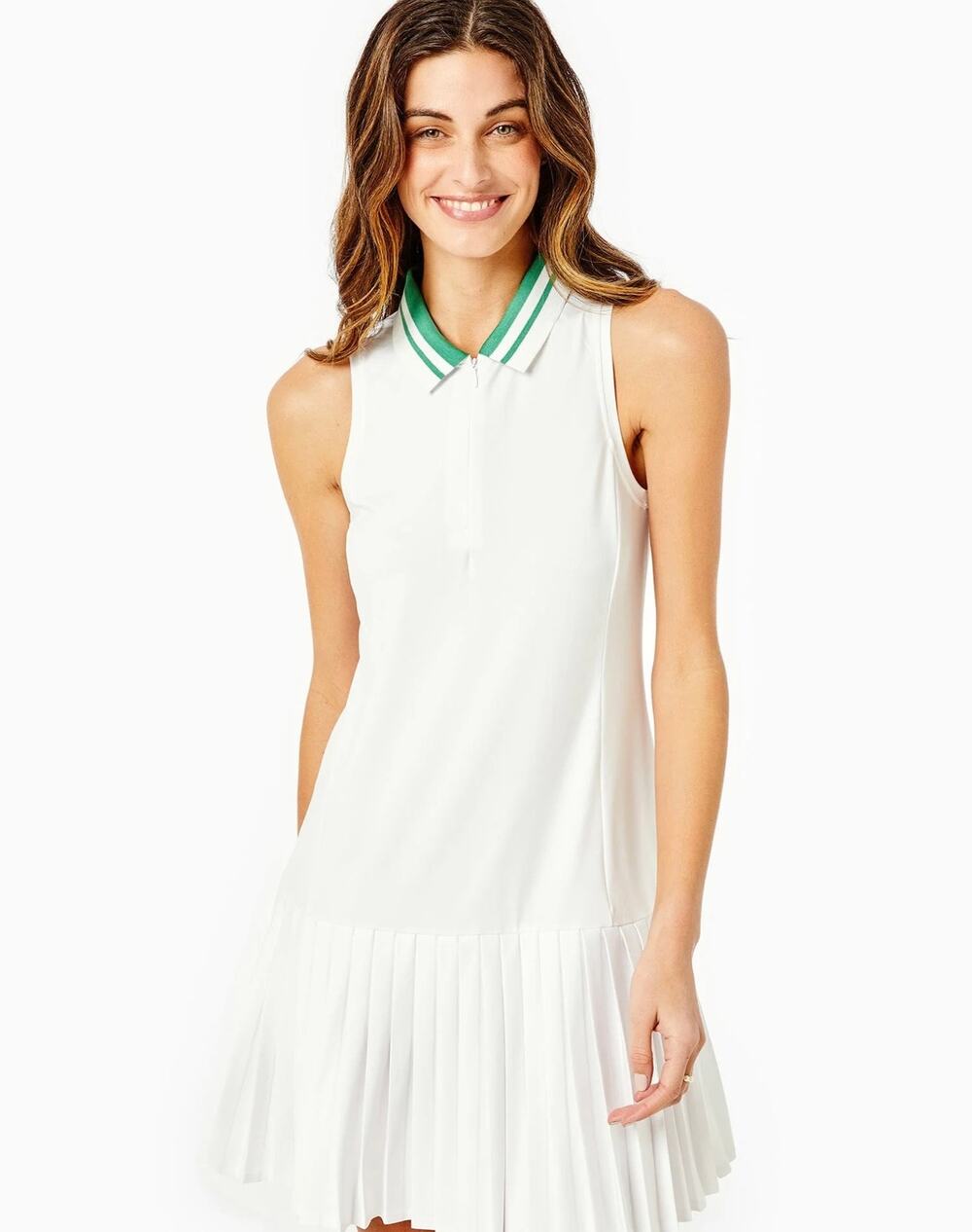 Addison Bay Augusta Dress Athleisure Pleated Pickleball Tennis Green White LARGE